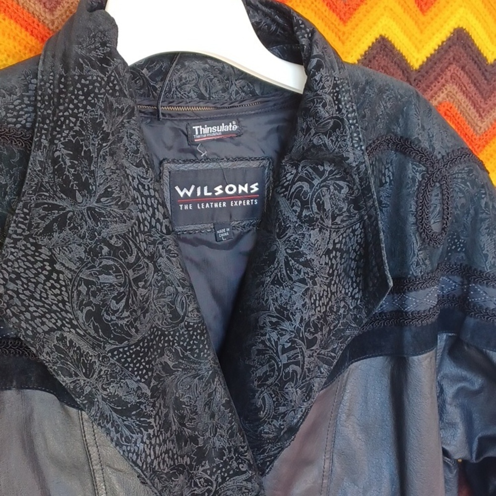 Wilson’s Leather Vintage 80’s Floral Leather Coat, Zipout Liner, 25" PTP, 47" L - Picture 2 of 13
